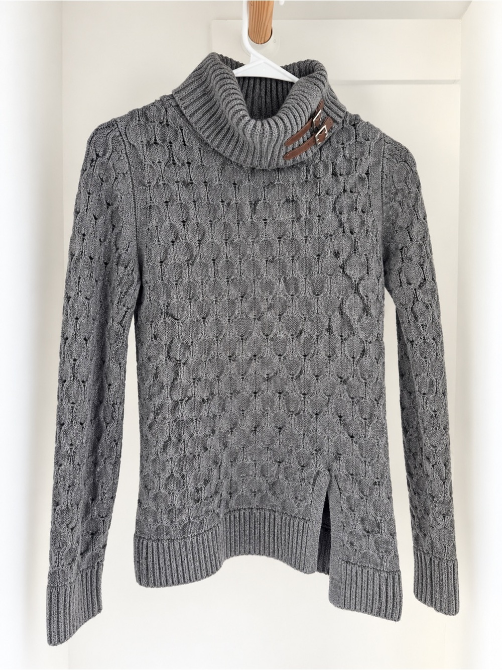 Massimo Dutti Italian Yarn Grey Cable Knit Cowl Neck Sweater with Buckle Detail
